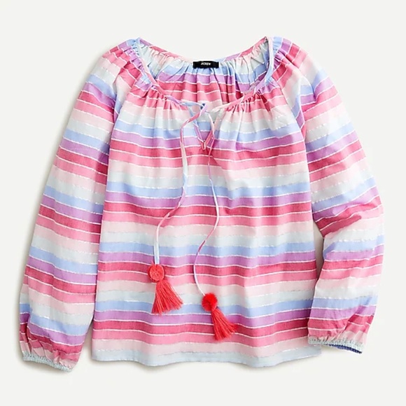 J. CREW Top Blouse Stripes Boho Cotton Peasant Festival Metallic Pink Small - Picture 3 of 10